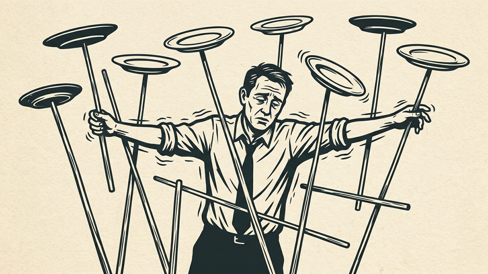 Linocut illustration of an overwhelmed media buyer balancing seven spinning plates.