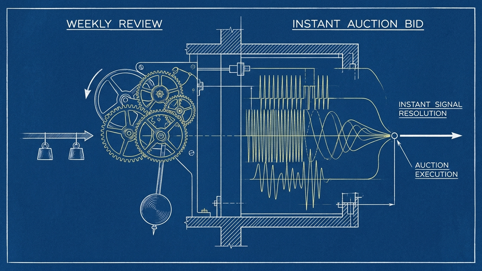 Technical blueprint contrasting the long wait for a manual account review with automated auction-time decisions.