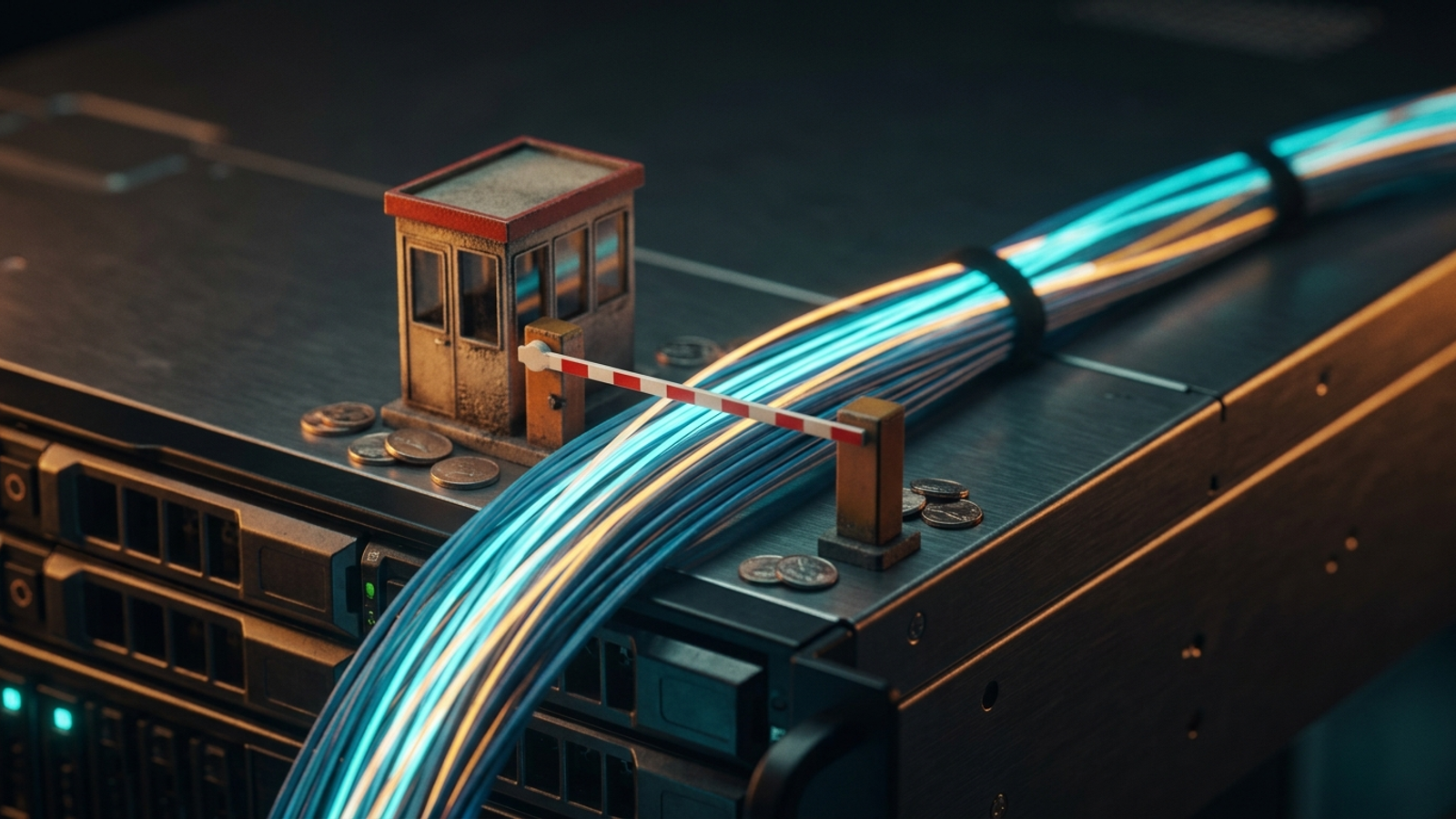 A miniature tollbooth on a server rack, collecting coins from data cables.