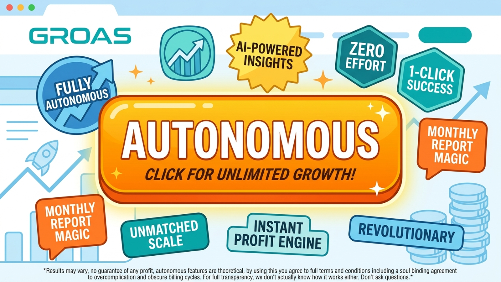 Cartoon of an AI sales page promising autonomy above dense fine print