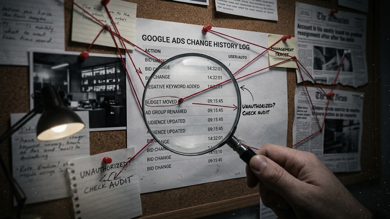 Noir detective studying a Google Ads change history log