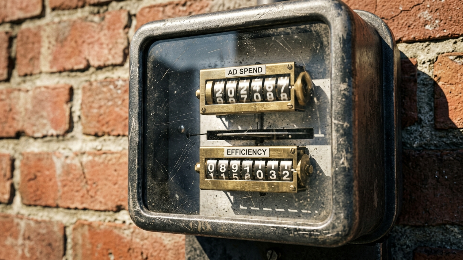 A utility meter with two dials running in opposite directions, reflecting the conflict between ad spend and agency incentives.