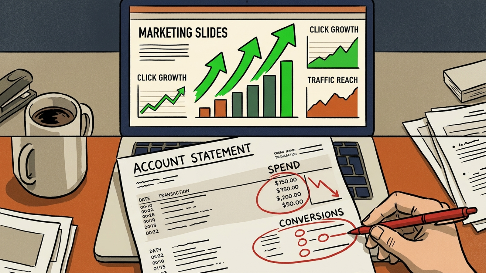 A polished slide deck with green arrows on a conference call screen, above a statement showing rising spend