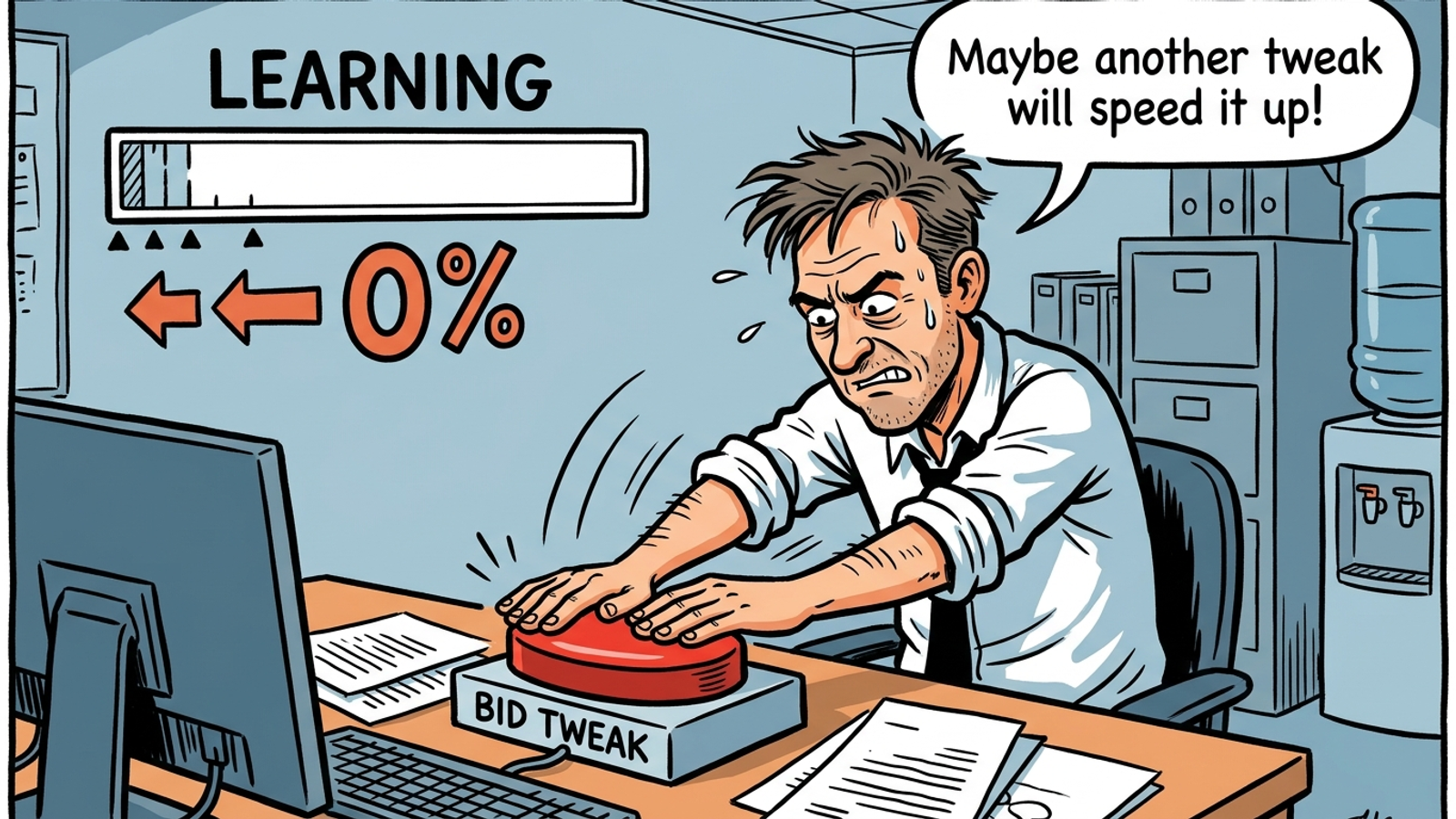 Cartoon of a marketer restarting a loading bar labeled learning by tapping it
