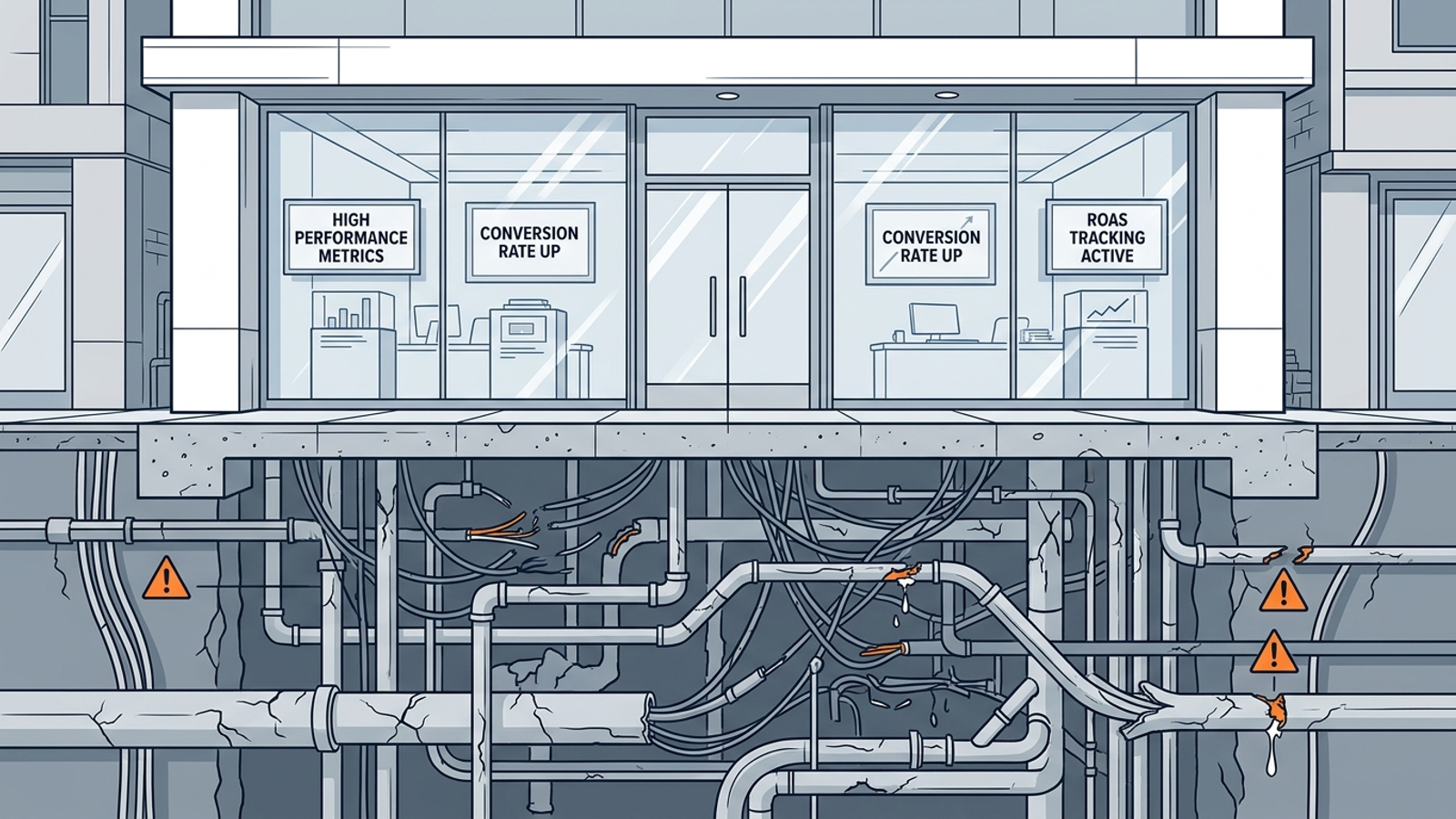 A clean storefront above ground with leaking plumbing hidden beneath its foundation.