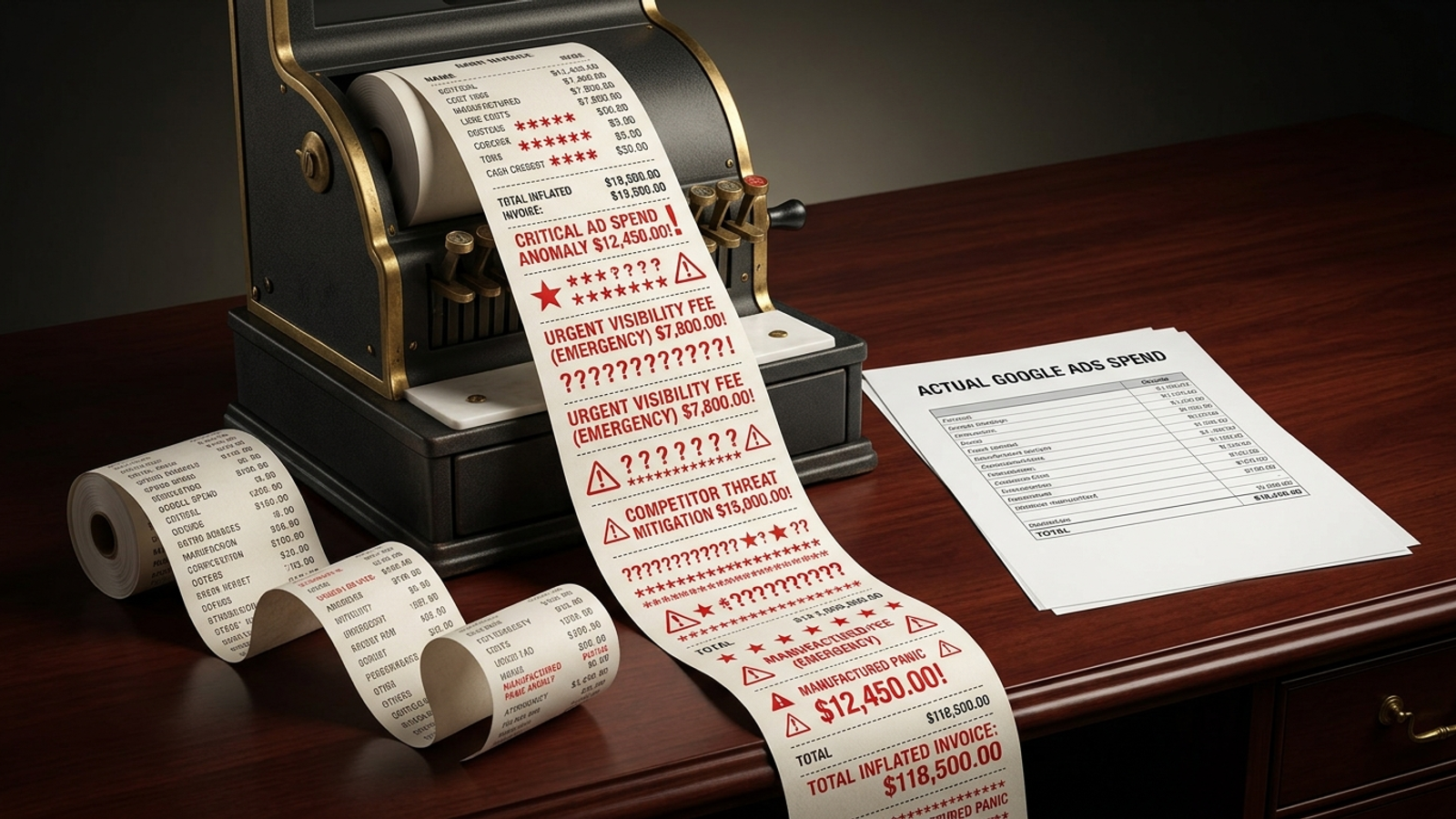 A cash register printing an inflated receipt marked with red warnings beside a clean ledger.