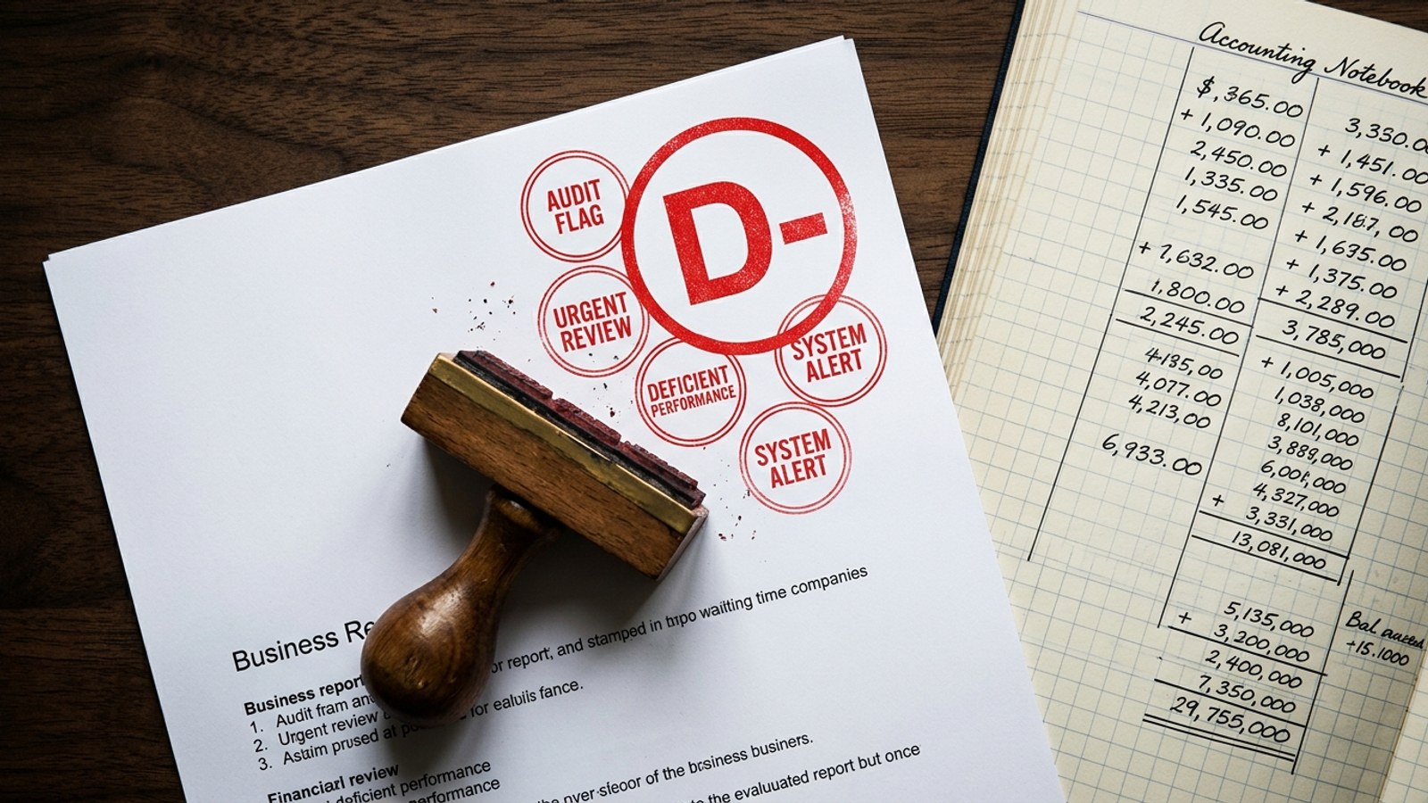 A red failing grade stamped on an ad performance report beside a green profit ledger.