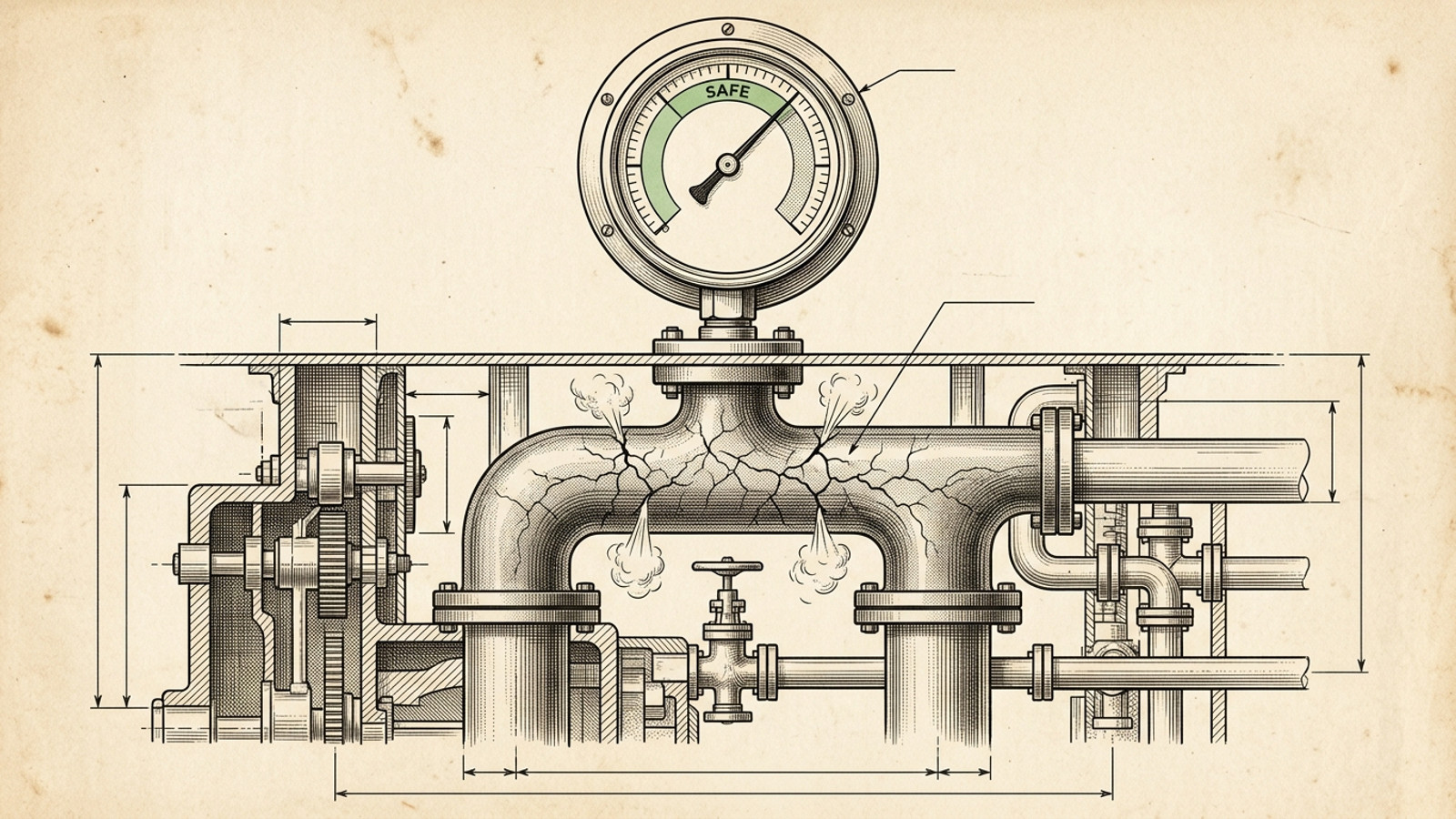 Cutaway diagram of a pressure gauge reading normal while hairline fractures spread through the manifold beneath it.