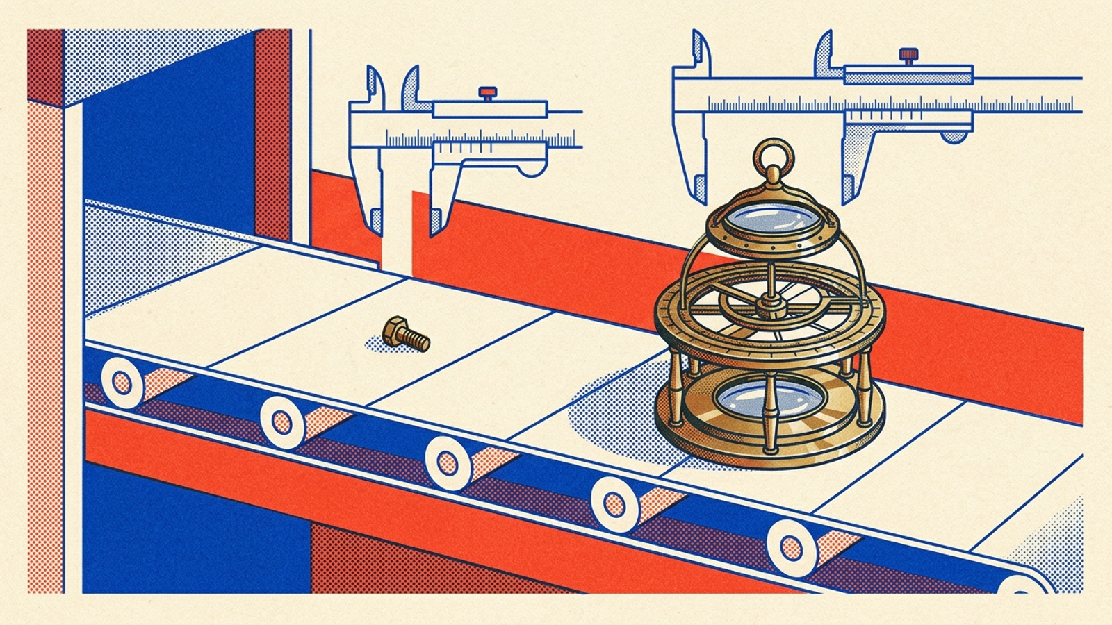 Graphic risograph print contrasting a tiny brass screw with an intricate celestial instrument on an auction conveyor belt.