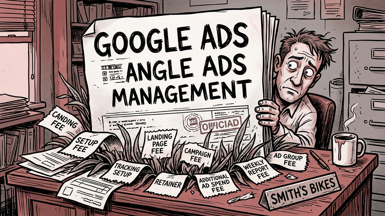 Cartoon invoice for Google Ads management sprouting extra fee line items and legs