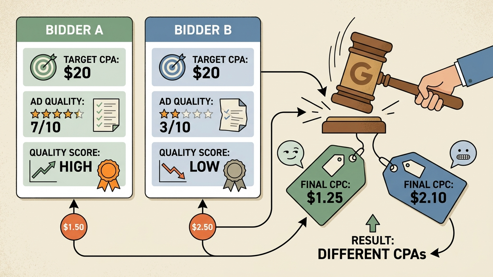 Two advertisers’ bids and click prices on an auction scoreboard