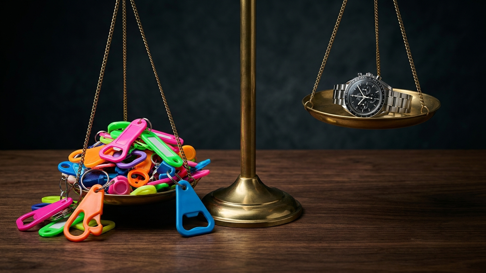 A balance scale weighing one watch against a pile of plastic keychains.