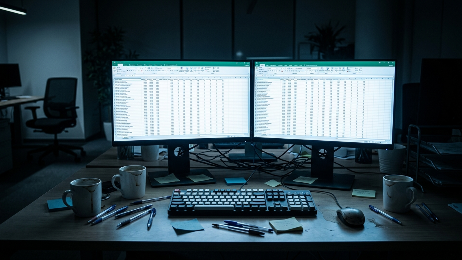 Monitors cast blue light over search term spreadsheets and cold coffee in a cluttered office at night.