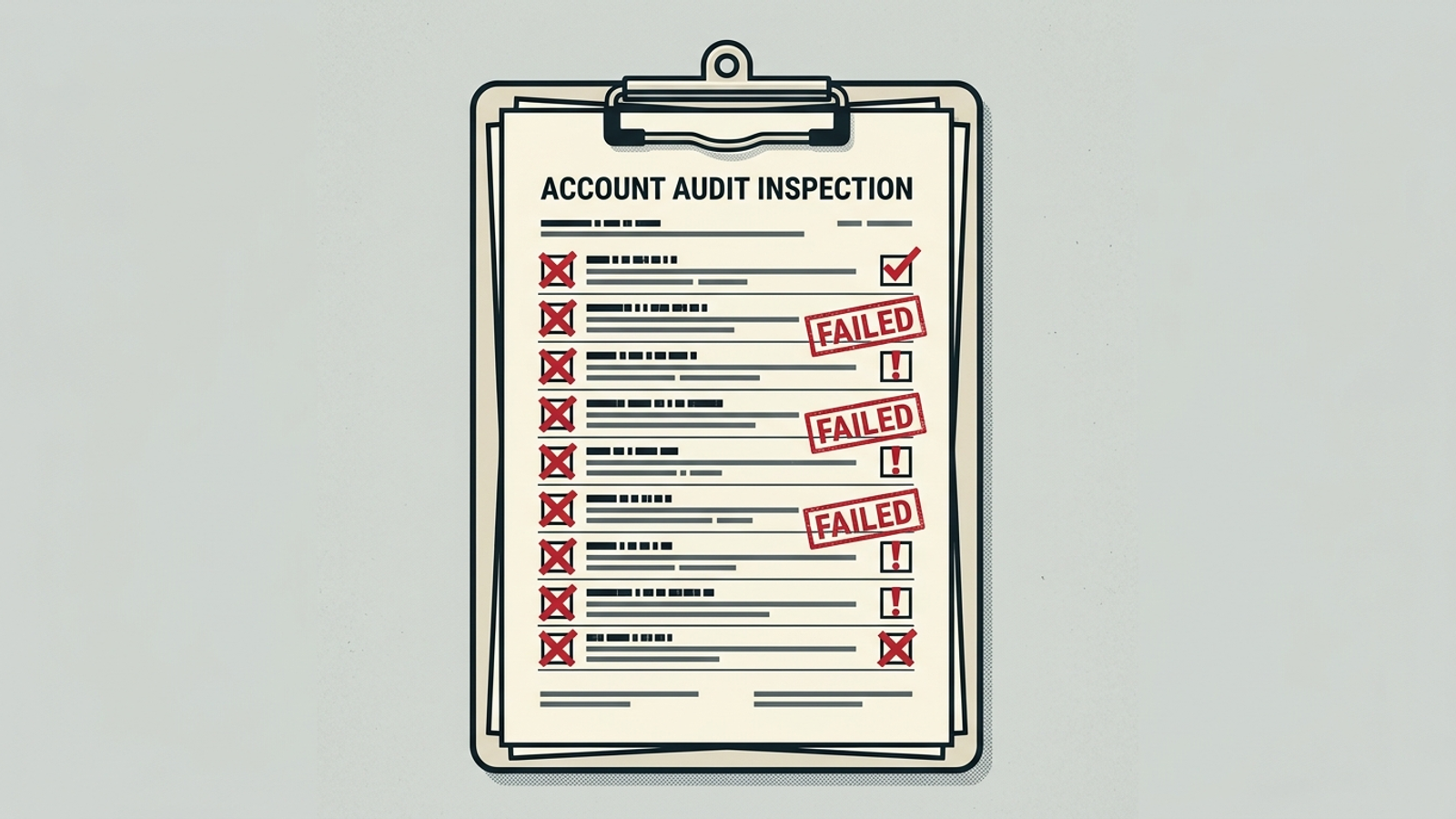 An inspection checklist shows red warning flags beside items in an account activity audit.