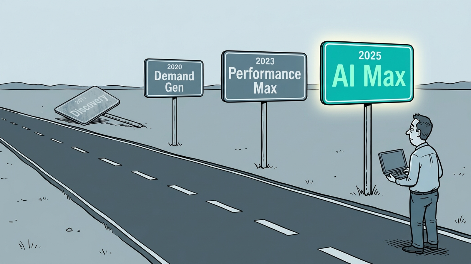 Cartoon timeline showing Discovery, Demand Gen, Performance Max and AI Max road signs