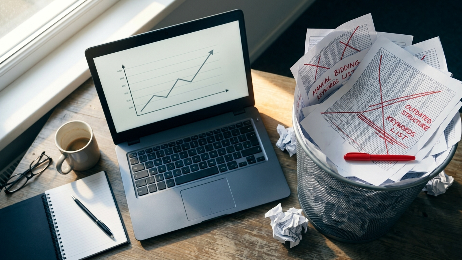 Overhead photo of desk with printed keyword lists in trash bin and laptop showing automated campaign dashboard
