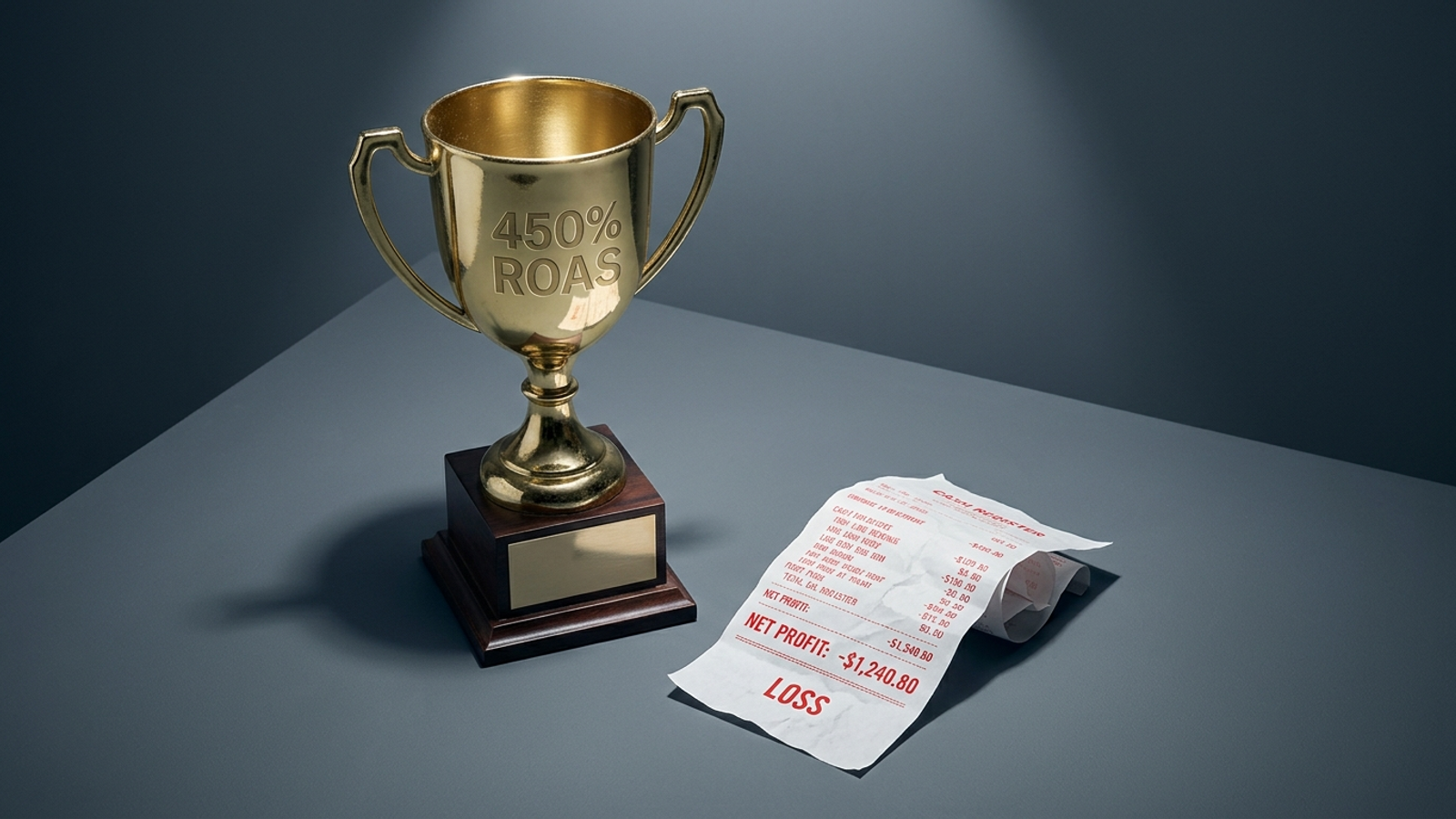 A trophy engraved “450% ROAS” beside a receipt showing negative cash flow.
