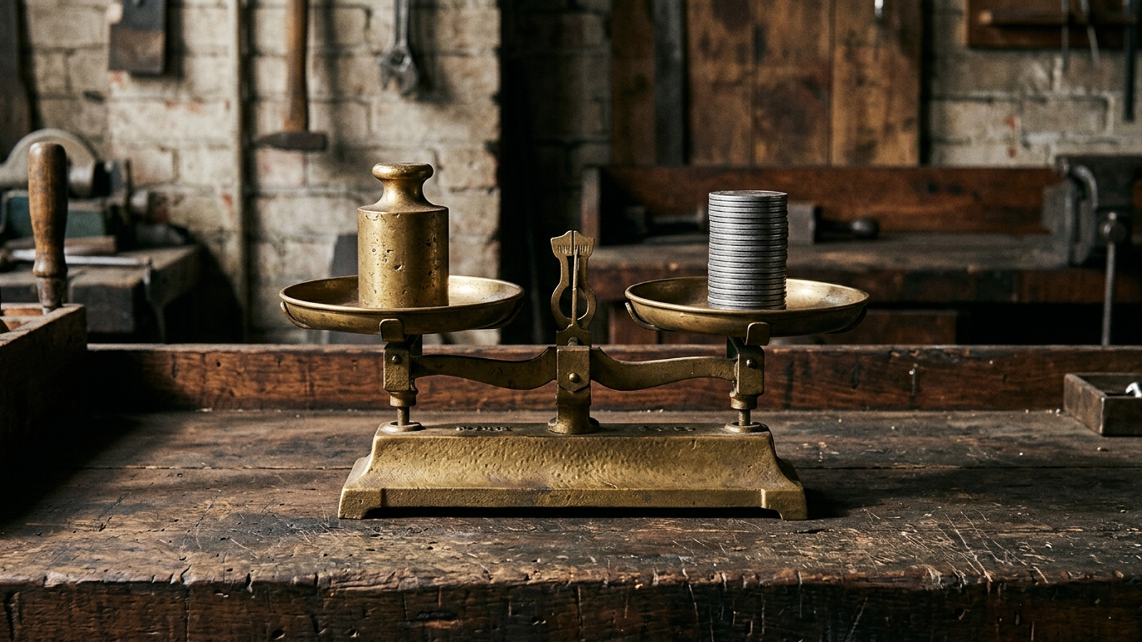 Vintage brass balance scale with a weight balancing coins on a dark workbench.