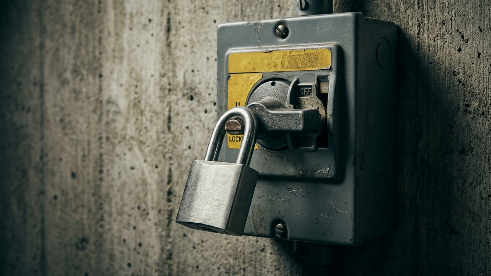 Industrial circuit breaker locked in the off position with a steel padlock.