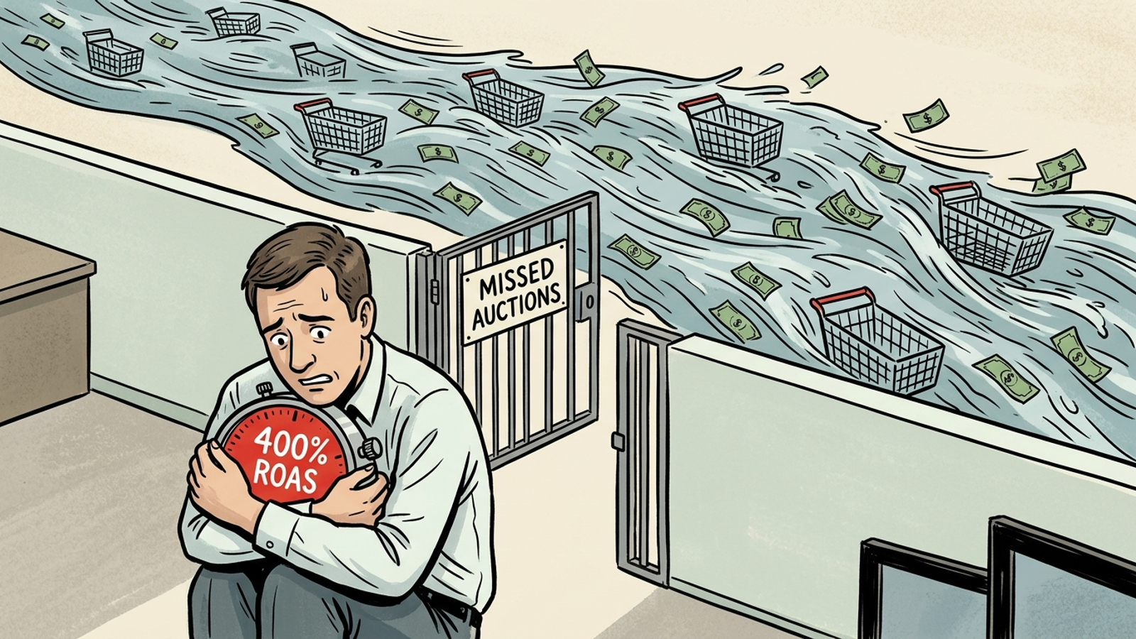 Cartoon of a marketer guarding high-ROAS coins while profitable orders flow past.