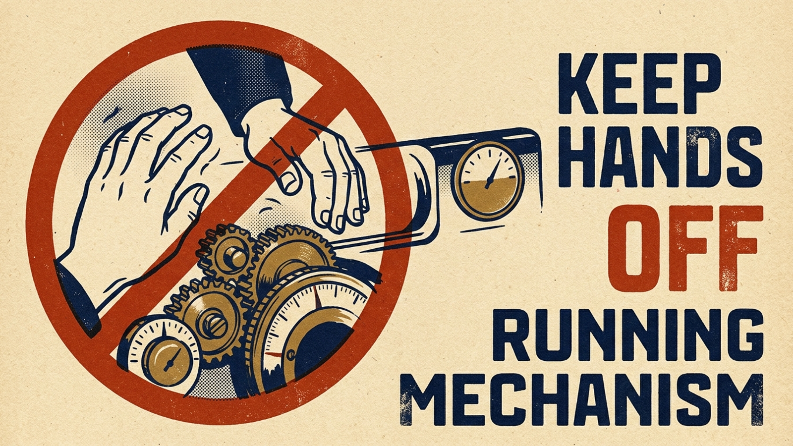 An industrial safety poster warns hands to stay clear of running gears.