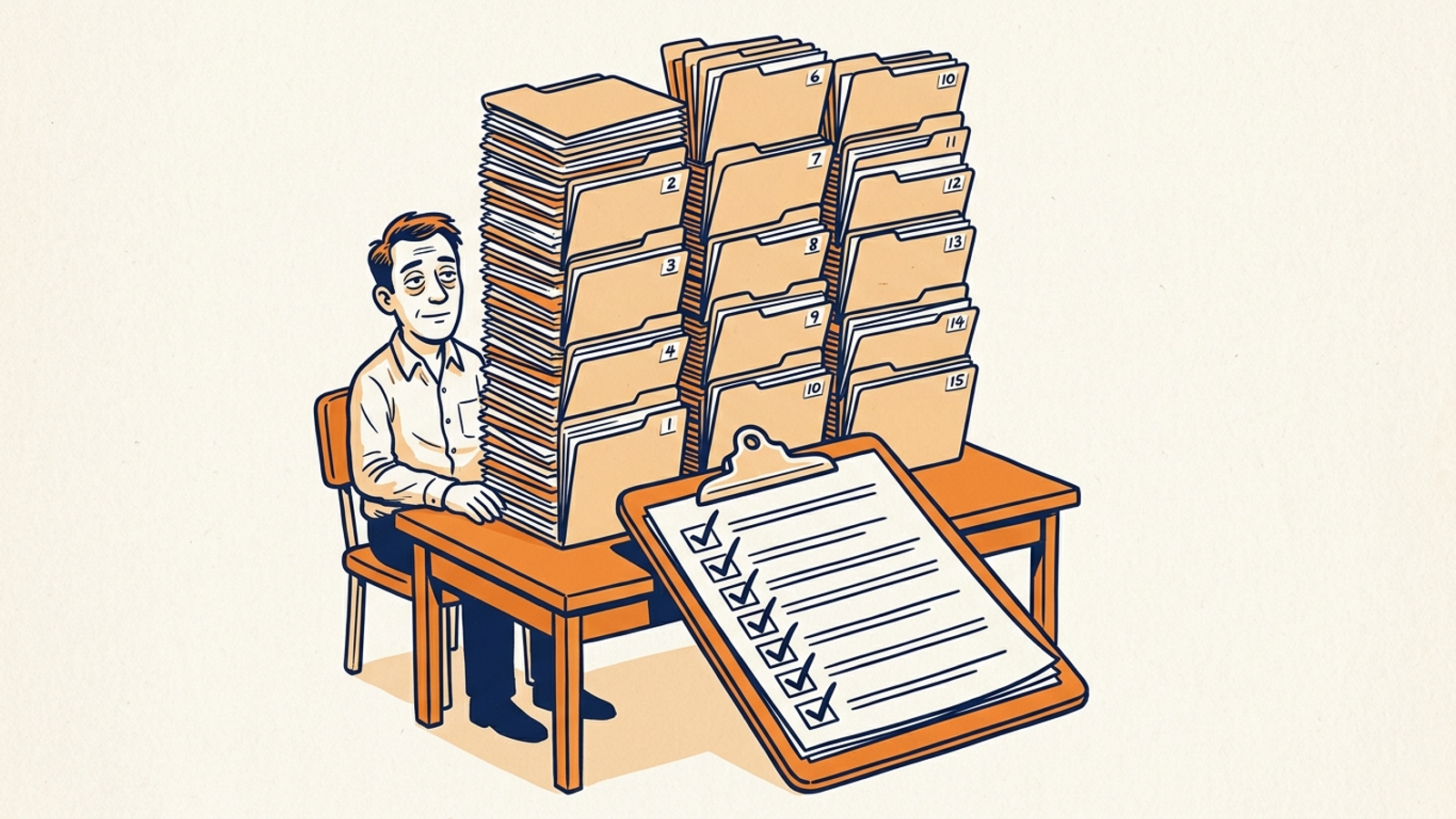 One operator’s desk with fifteen labeled client folders leading to a single control checklist
