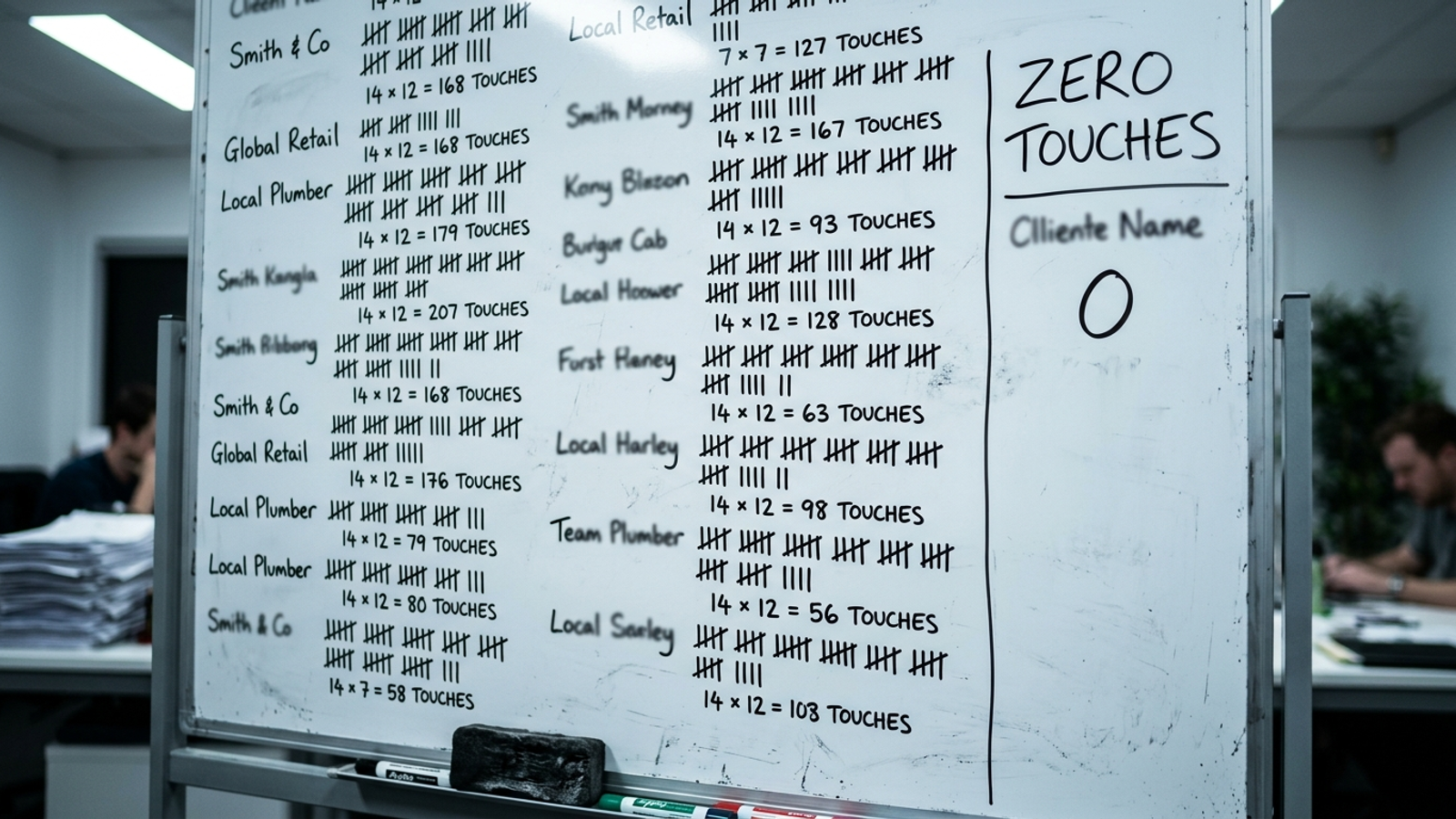 Whiteboard comparing account work across a 25-client portfolio