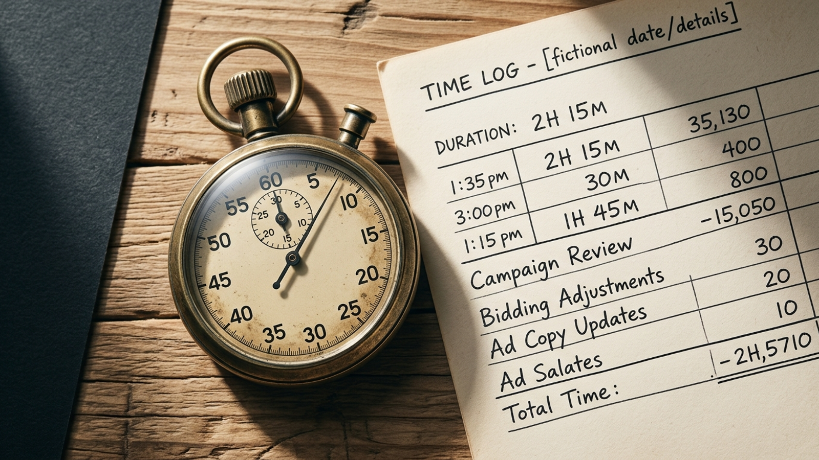 A vintage brass stopwatch on an audit ledger with handwritten numbers, symbolizing account time tracking.