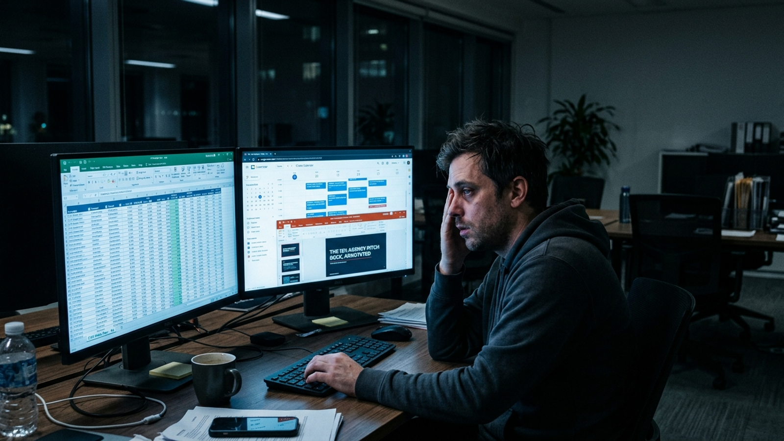 An agency account manager looking at twelve open browser tabs on dual monitors.