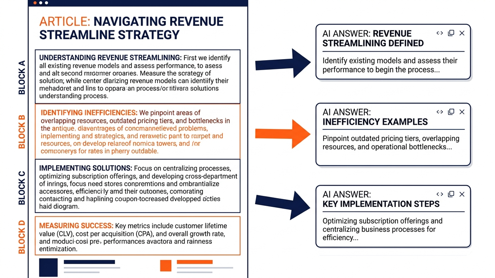 Diagram showing a long page divided into single-claim passages that feed separate AI answers