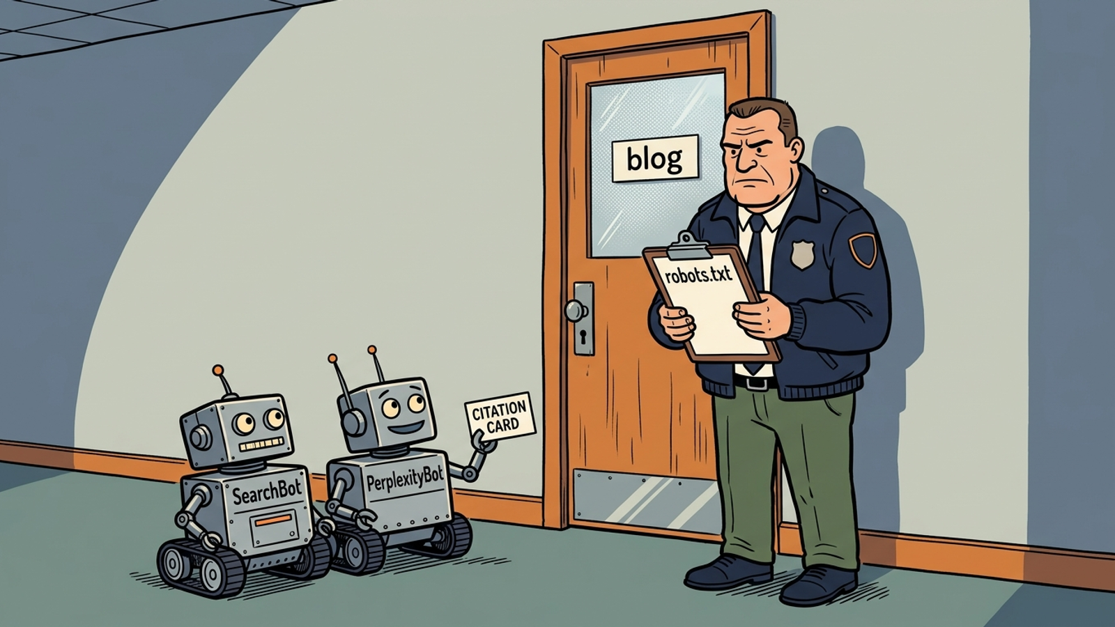 Cartoon of a manager checking robots.txt while AI crawlers wait outside a locked blog door