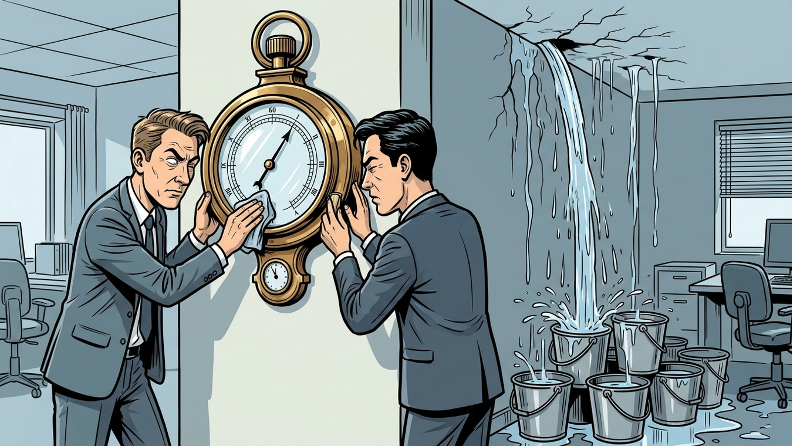 Marketers polish a decorative barometer while rain pours through an office ceiling.