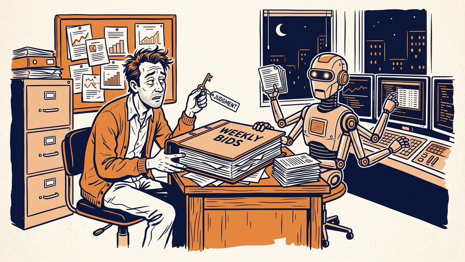 A solo marketer hands a binder of weekly bids to a robot while keeping a key labeled judgment