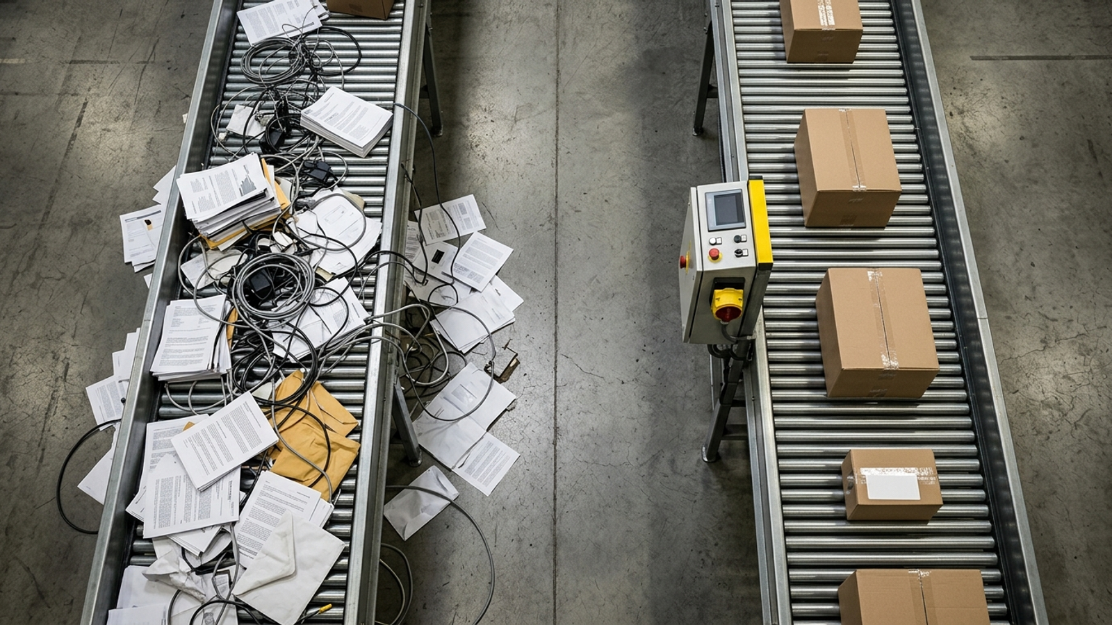 Overhead view of two conveyor belts: one piled with paper reports, the other running to a single control panel