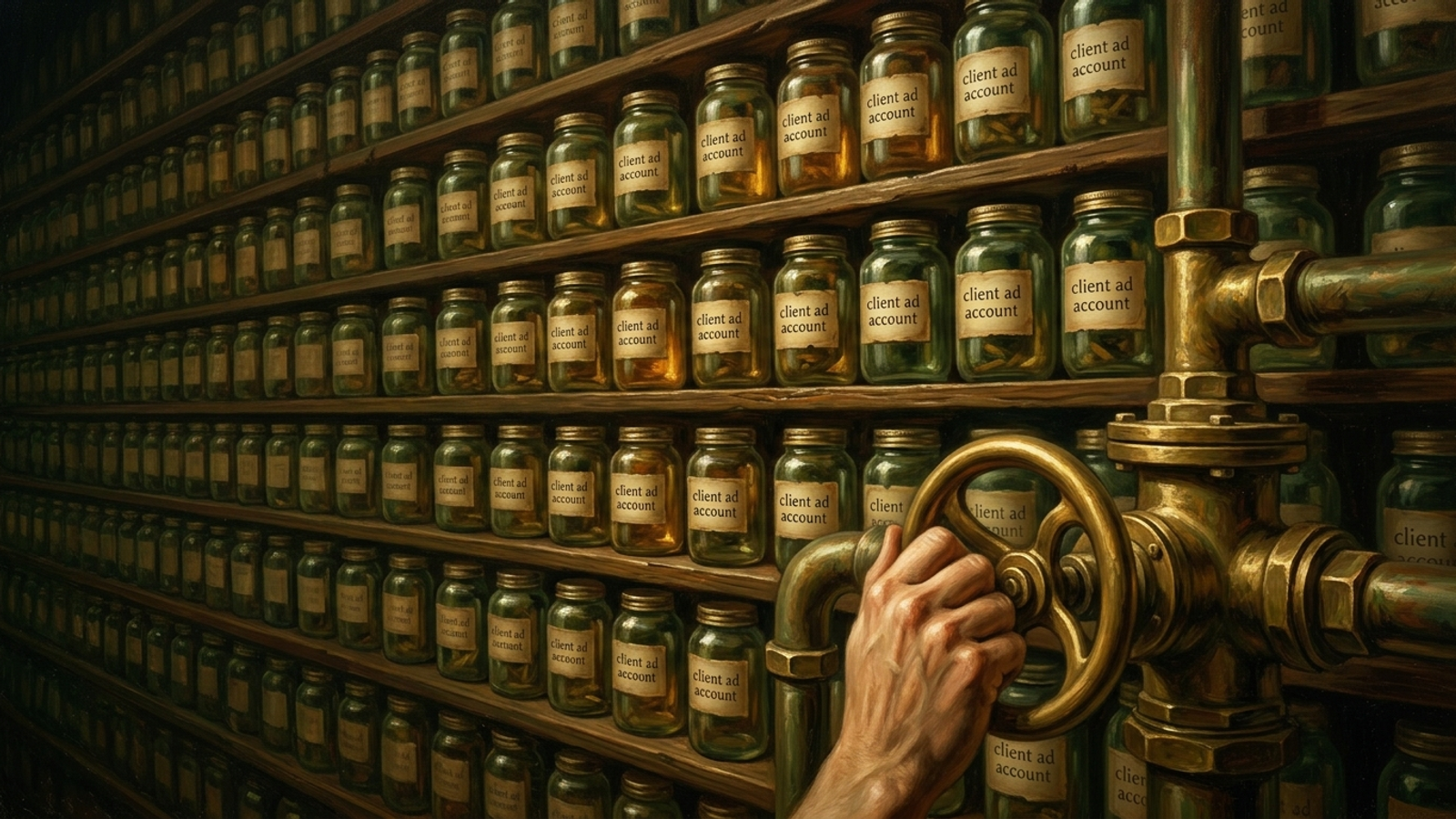 Shelves of identical labeled jars with one hand adjusting a master valve