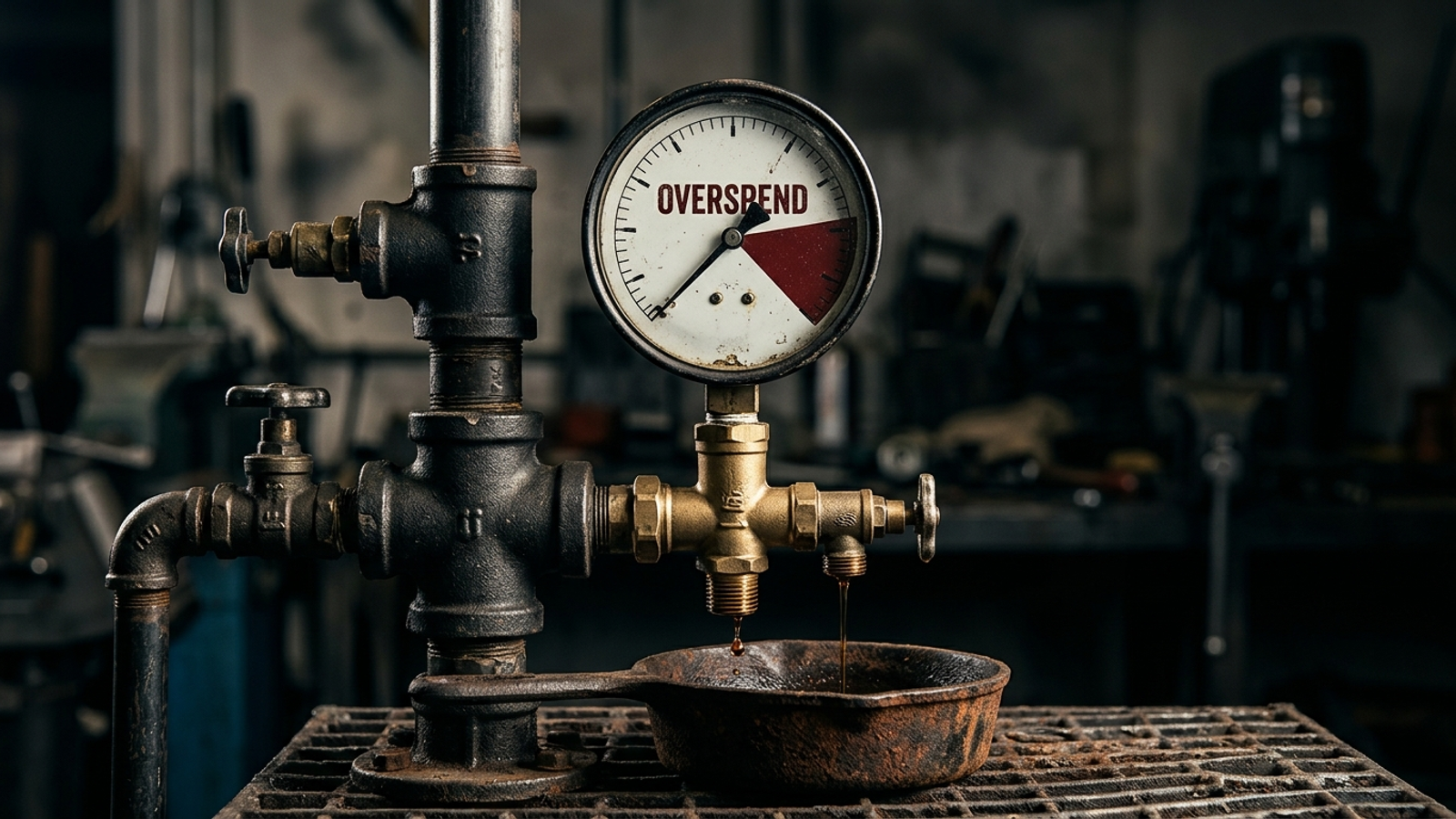Pressure gauge in an expenditure red zone as a small trickle reaches a net-profit pan.
