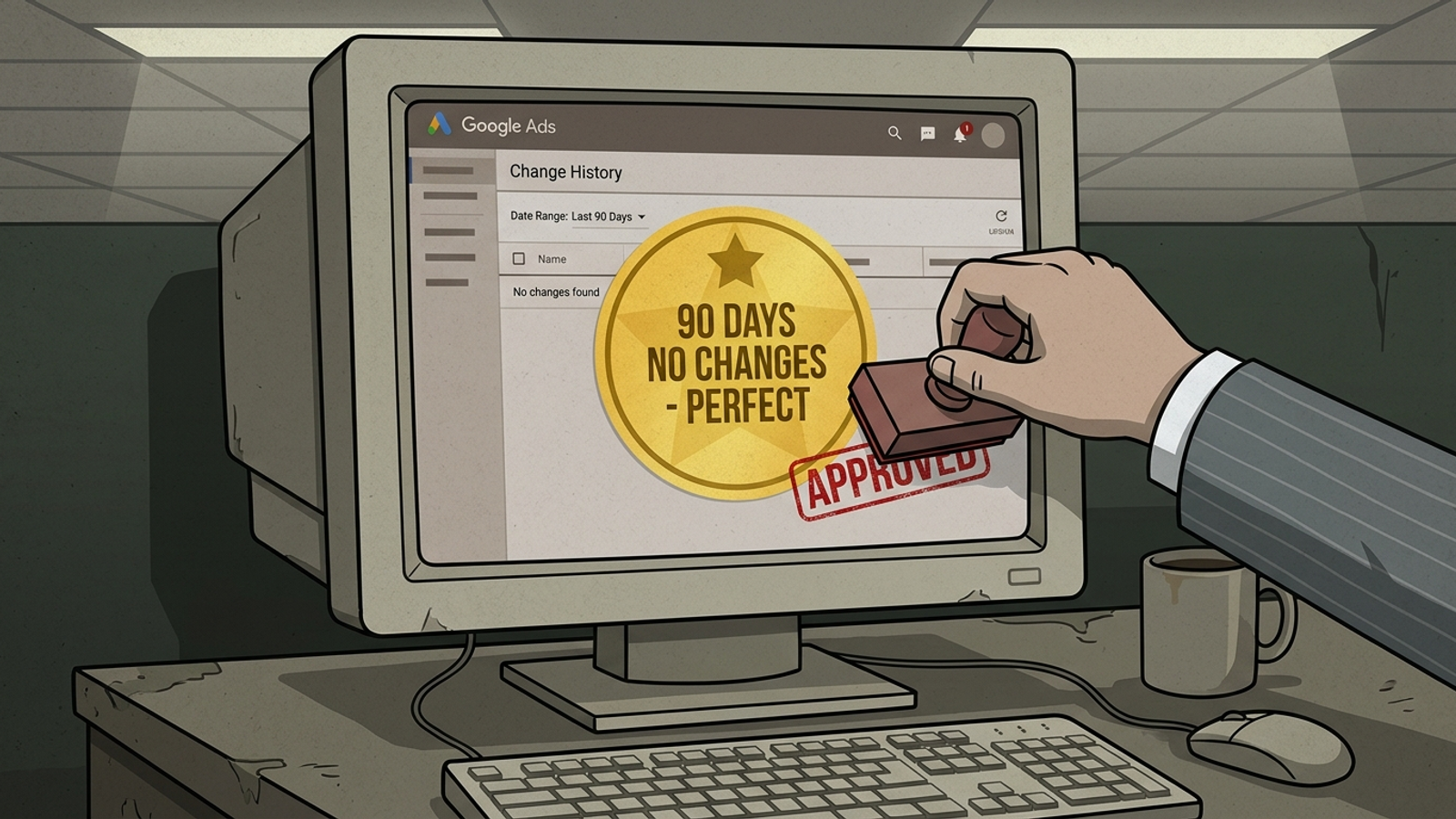 Cartoon of an empty change-history log stamped with a gold star for perfect inactivity