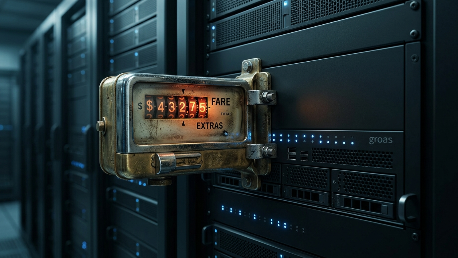 A mechanical taxi meter bolted to a server rack, its red numbers spinning.