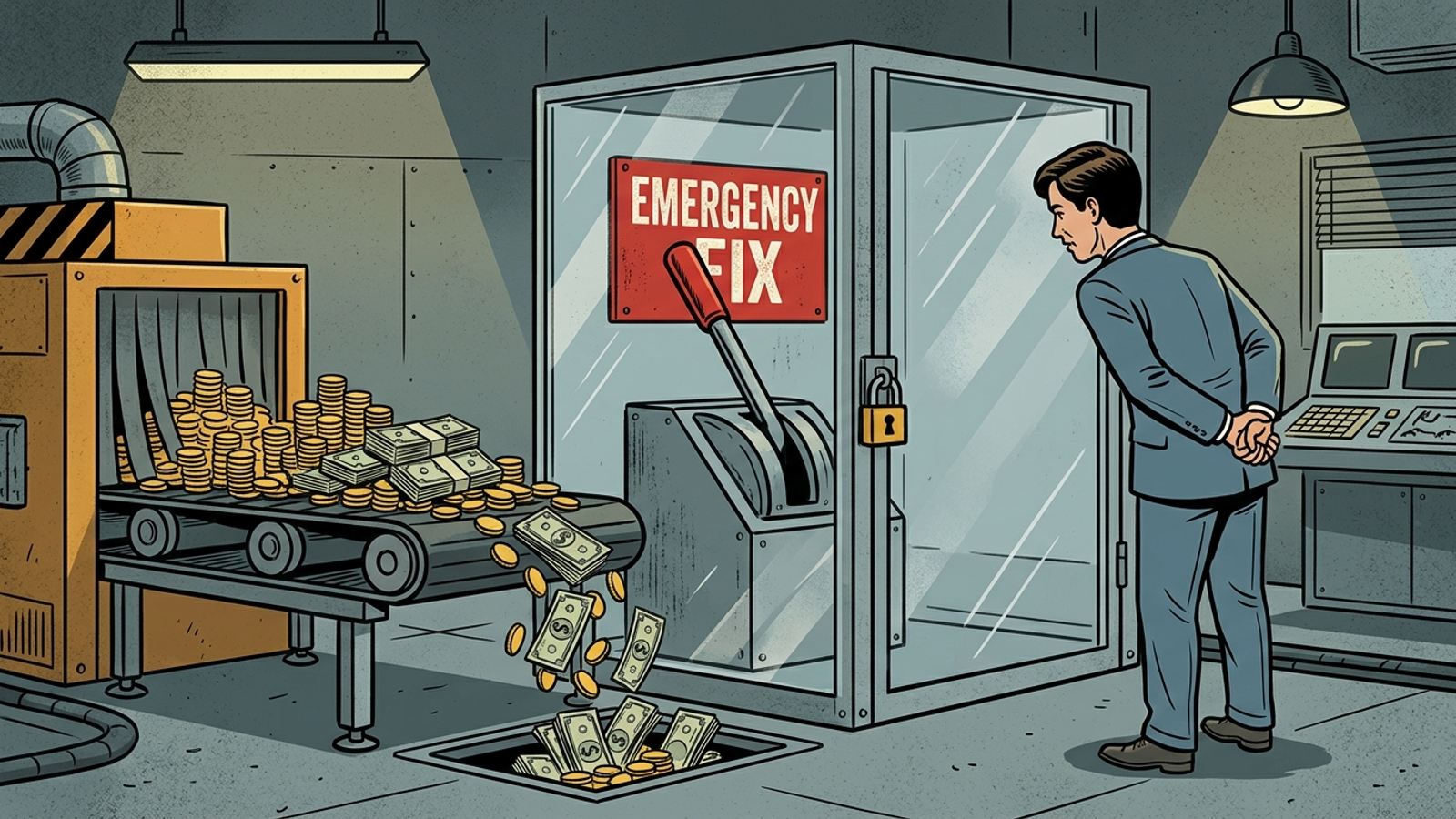 An operator watches coins drain into a floor grate beside an emergency control labeled Do Not Touch.
