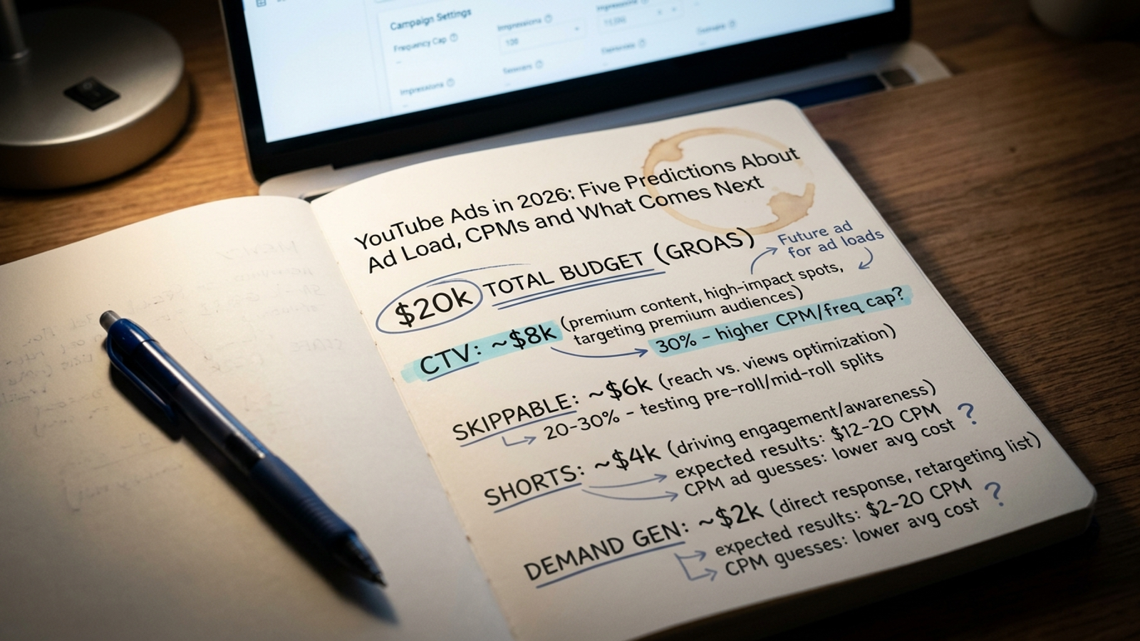 Overhead view of a media buyer’s desk with handwritten YouTube, CTV, Shorts, and Demand Gen budget splits