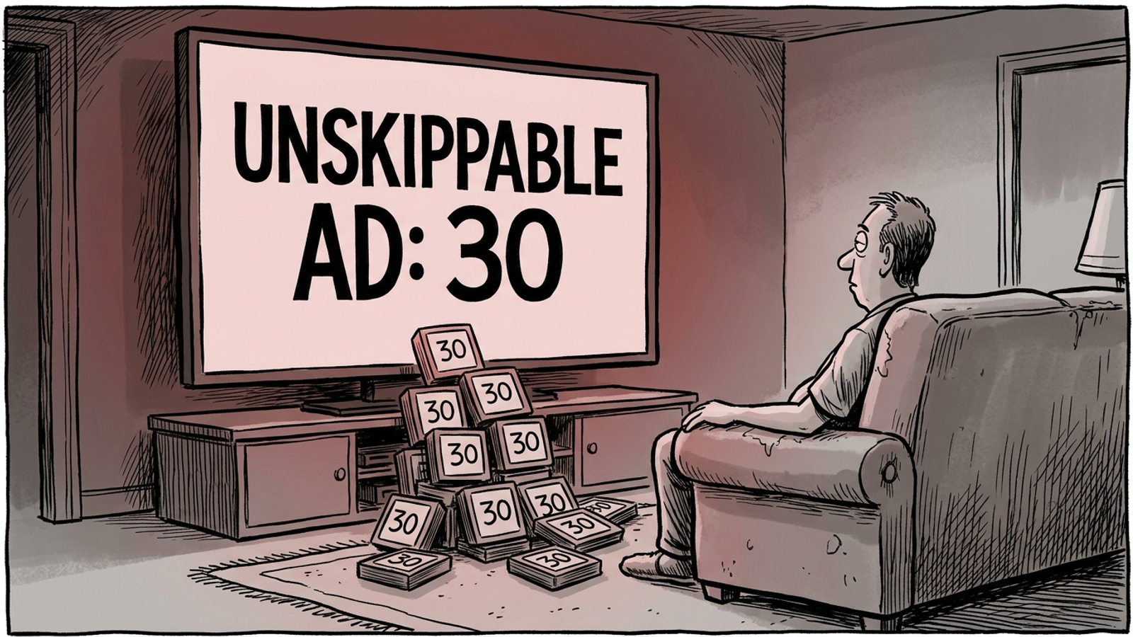 Cartoon TV viewer beneath stacked unskippable-ad countdown timers