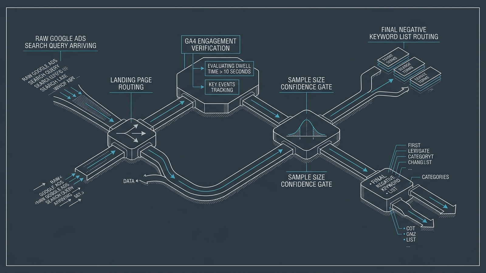 Search queries flowing through landing-page engagement checks to a proposed exclusion list