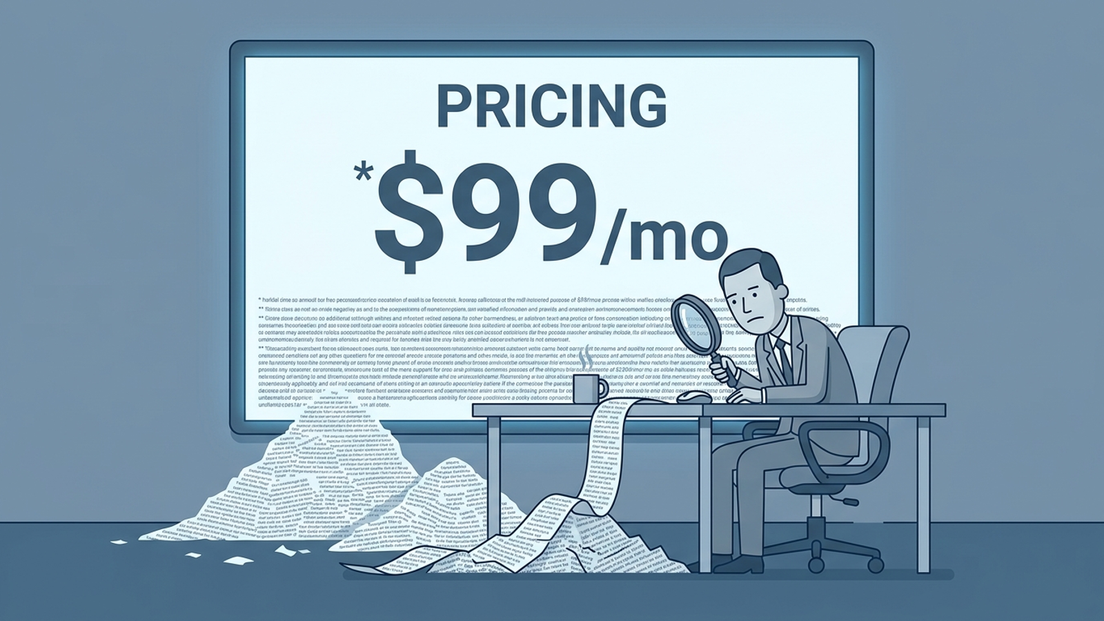 Cartoon pricing page with a giant $99 headline and footnotes covering the floor