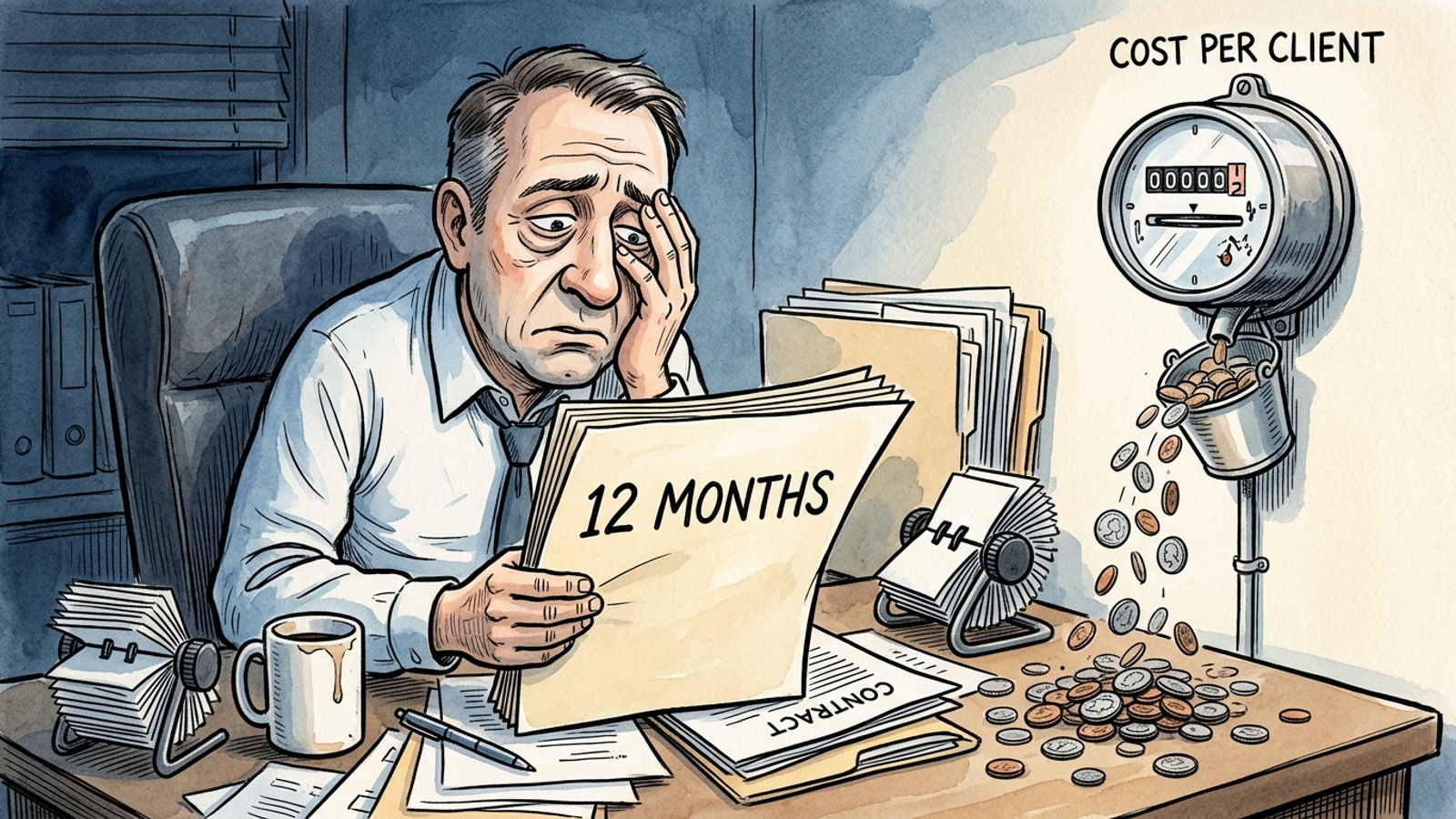 Agency owner looking at a contract as a cost-per-client meter rises