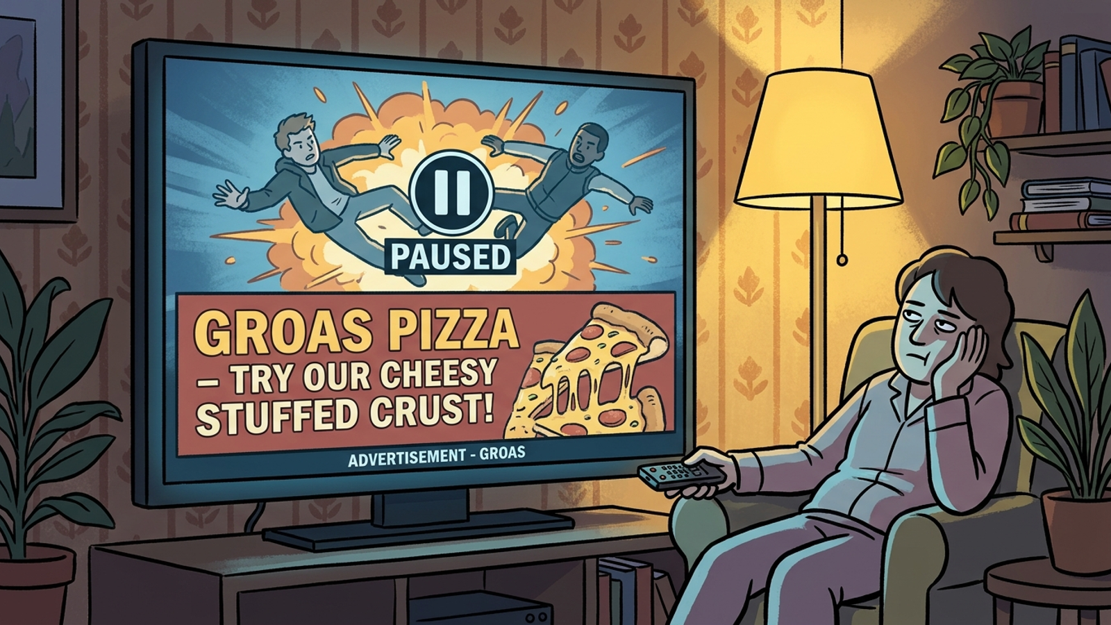Cartoon of a living room TV paused on a movie while a static ad frame crowds the screen