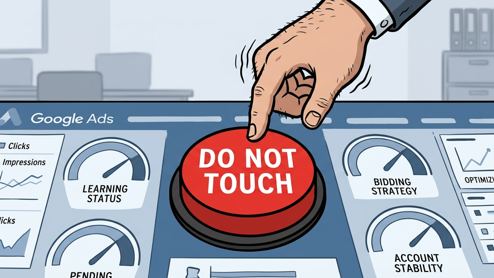 Cartoon of a hand reaching toward a red do-not-touch button on a Google Ads dashboard