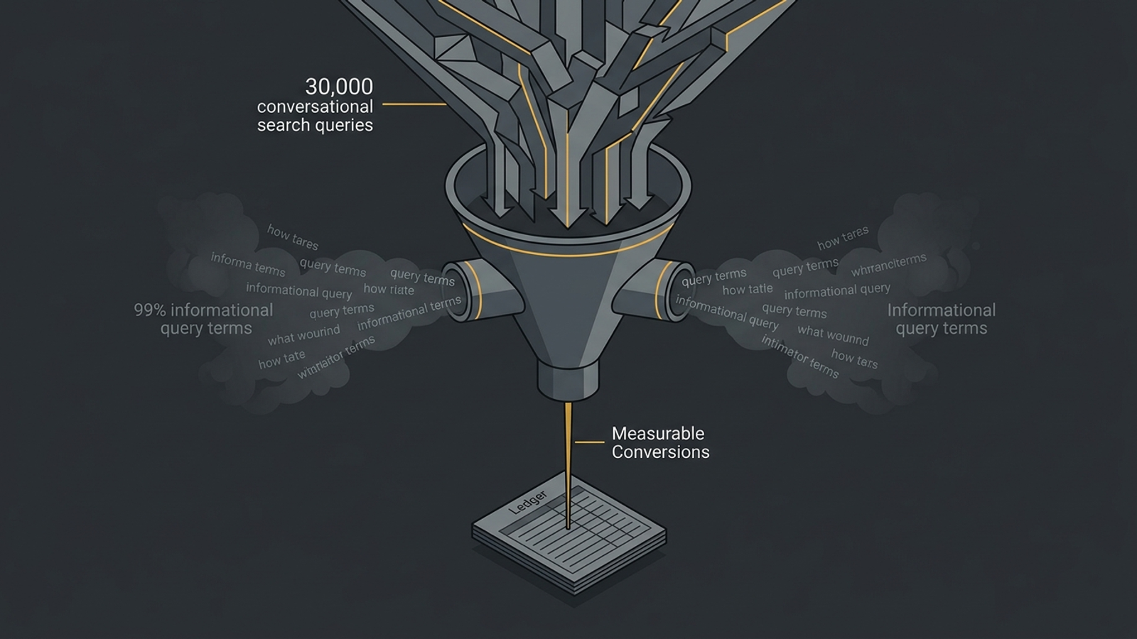 A funnel illustrating the zero-conversion impressions reported in a 30,000-query audit.