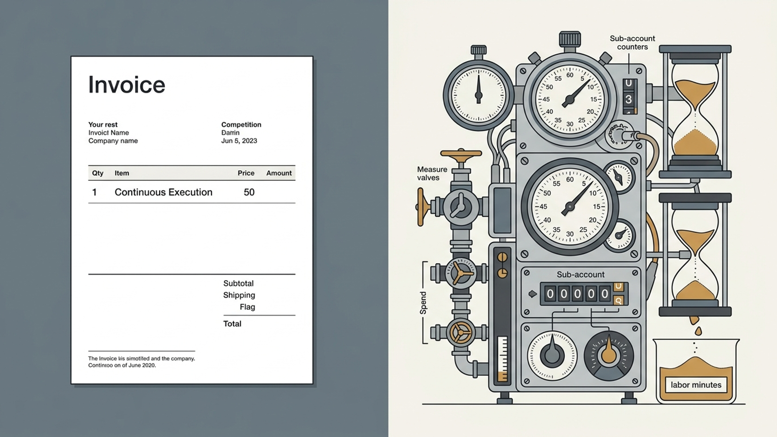 Comparison of a flat-fee receipt with a web of software surcharge meters.