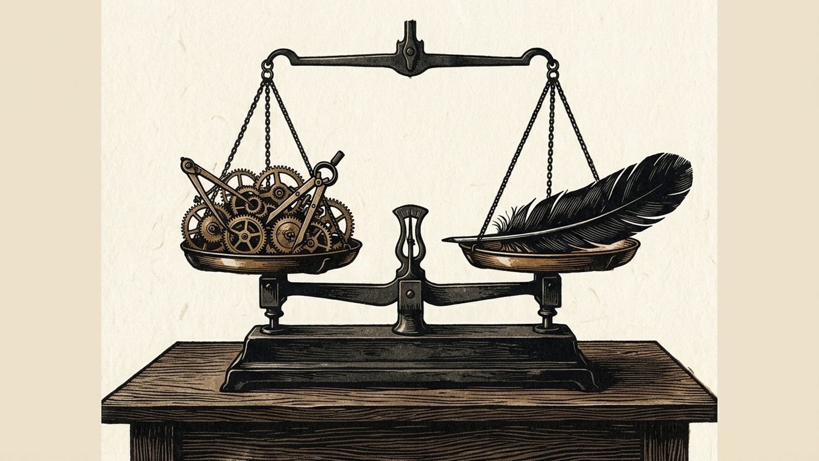 A woodcut-style scale balancing complex gears against a feather.