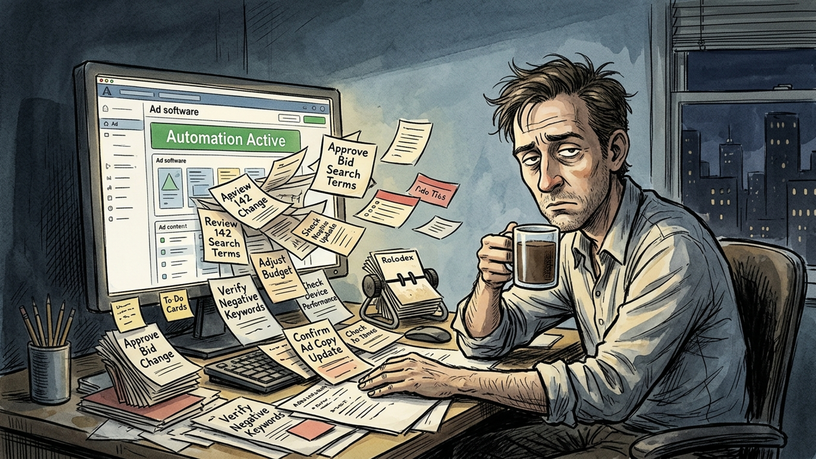 An illustration of a marketer buried under ad recommendation cards beside an automated dashboard.